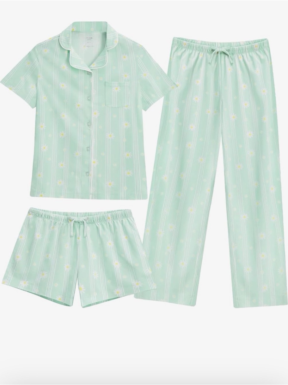 Girls Mint Green Daisy Stripe Pajama Set - Short & Long Bottoms Size 14-16